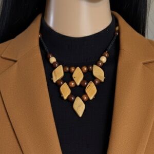 Artisan Hand-Carved Wooden Geometric Bib Statement Necklace